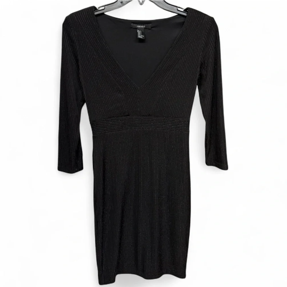 Forever 21 Black Metallic Ribbed V-Neck Mini Dress - Smalll - Picture 2 of 7